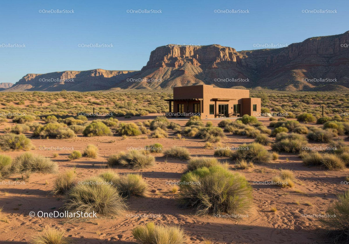 Modern Desert House Surrounded by Bushes and Rocky Mountains