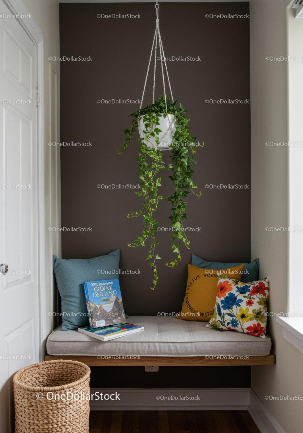 Hanging Ivy Plant in White Pot in Cozy Home Nook