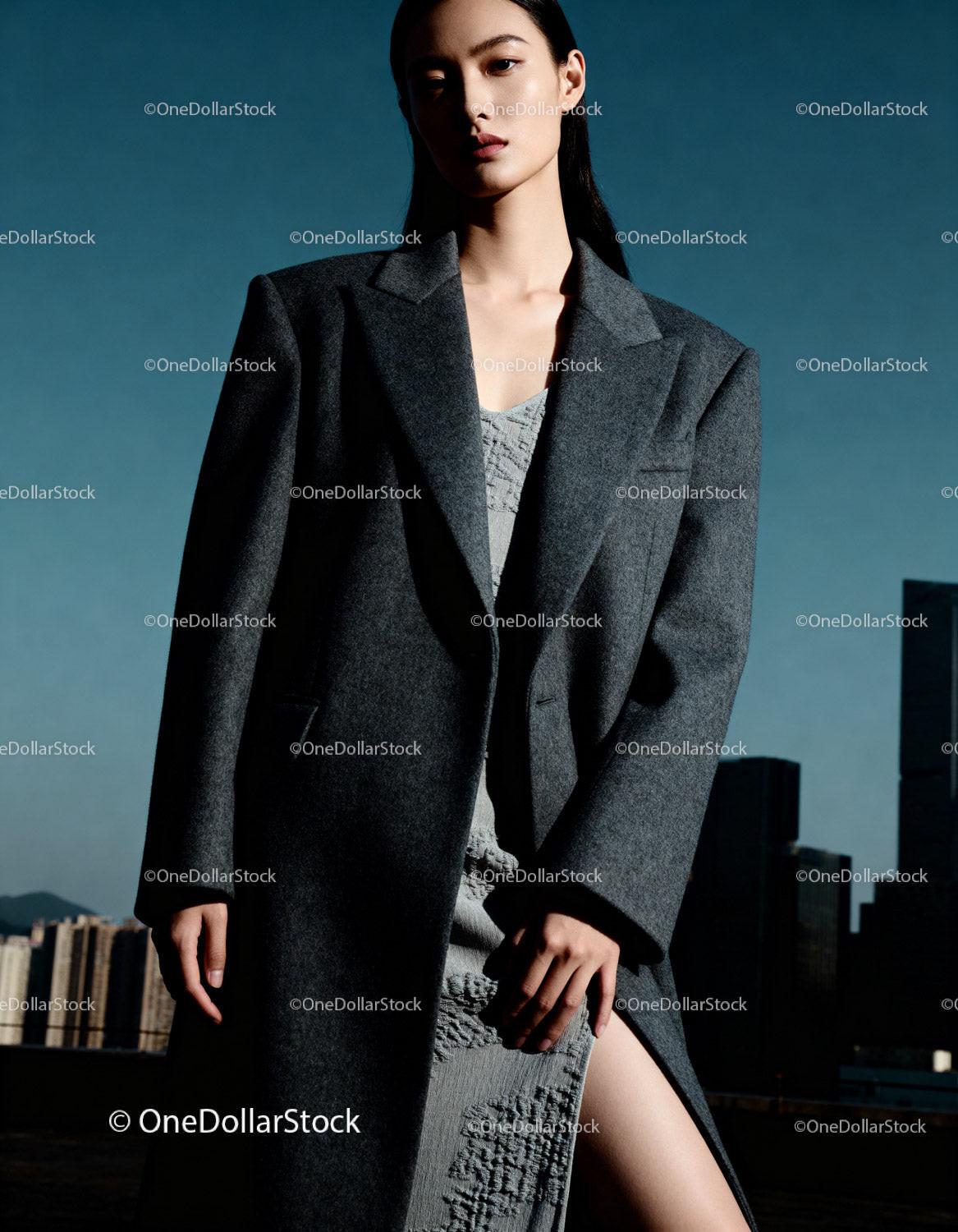 Confident woman in oversized gray coat with city view