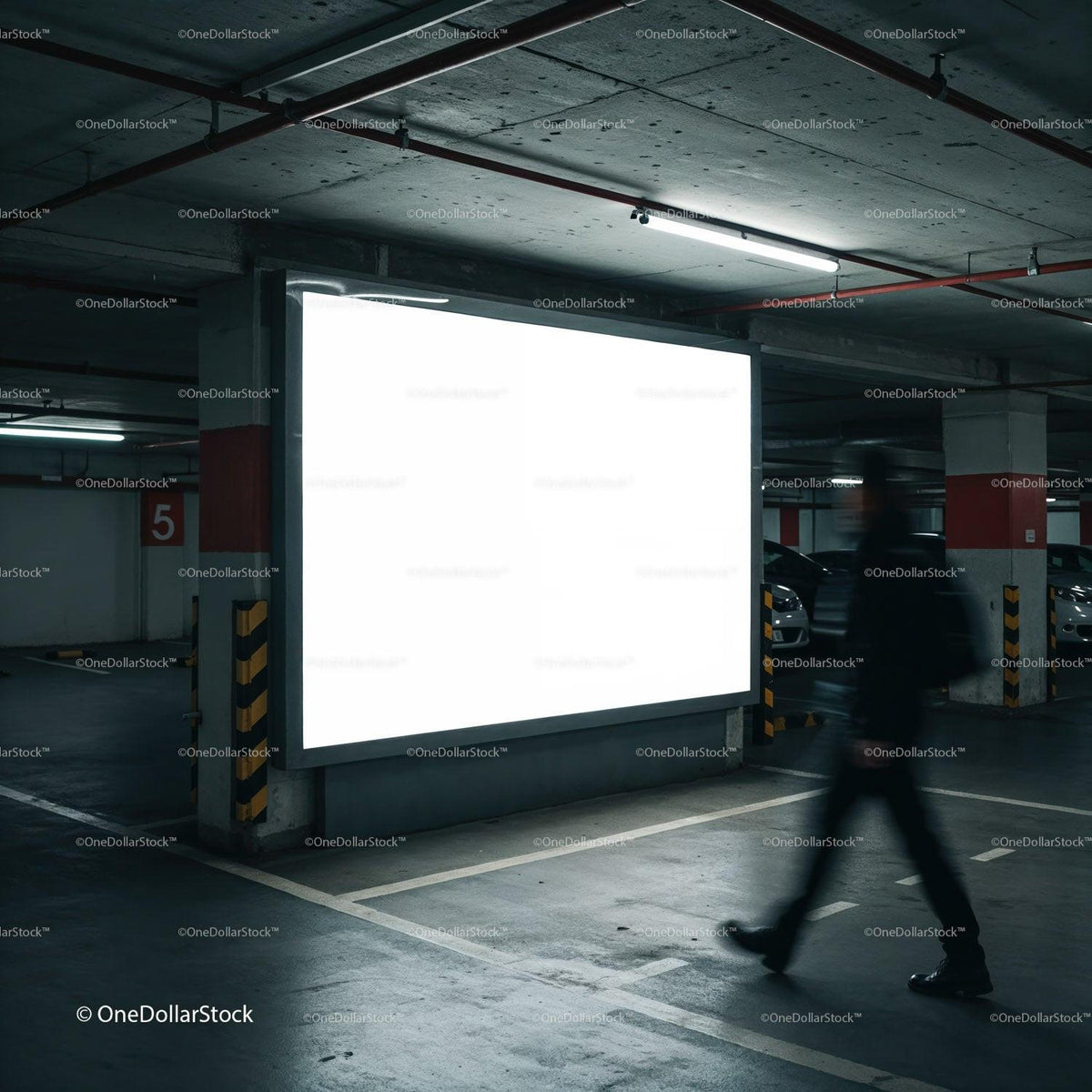 Blurred pedestrian walking past illuminated billboard indoors JPG Mockup Image preview