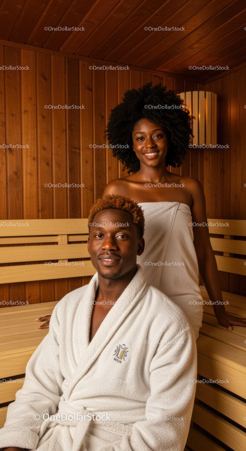 Young African American Couple Enjoying Sauna Relaxation in Wooden Room