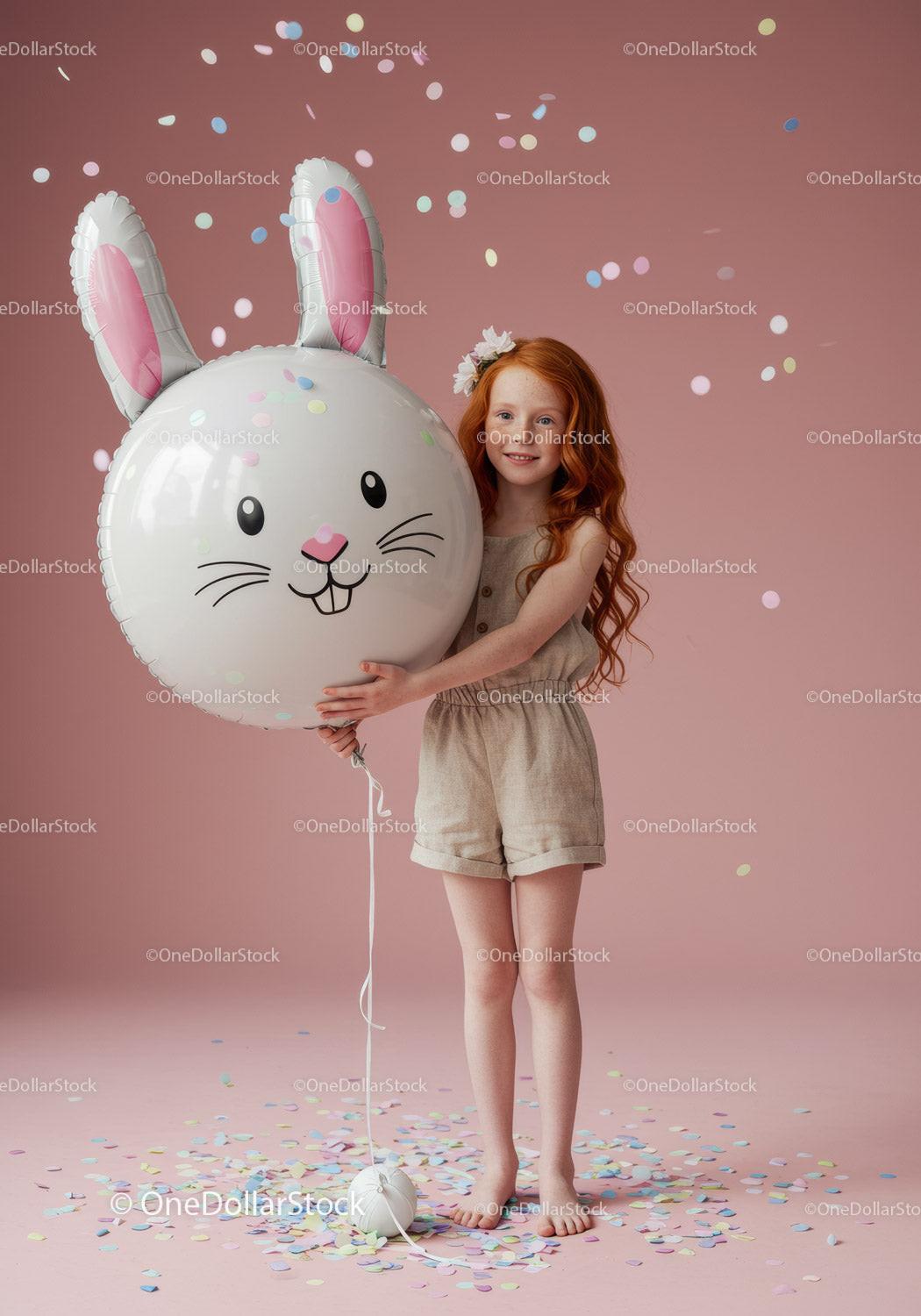 Redheaded girl holding bunny balloon with confetti