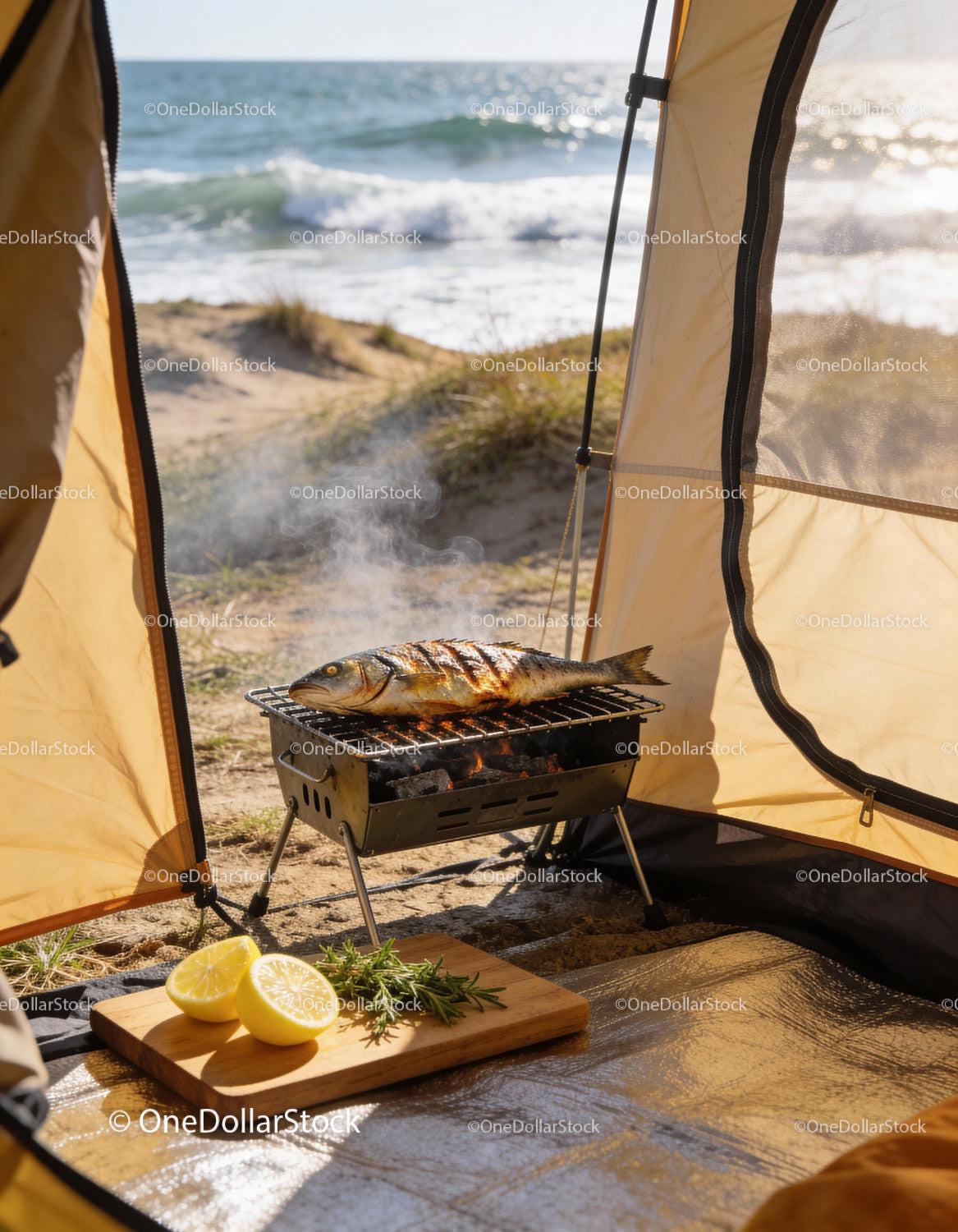 Grilled Whole Fish Cooking on Portable BBQ Near Beach