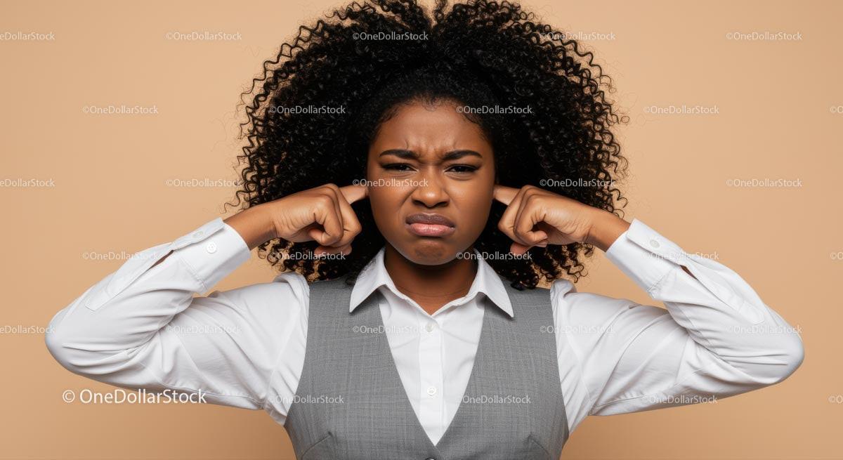 Frustrated Woman Covers Ears Against Noise in Business Attire Stock Photo Bundle preview 43