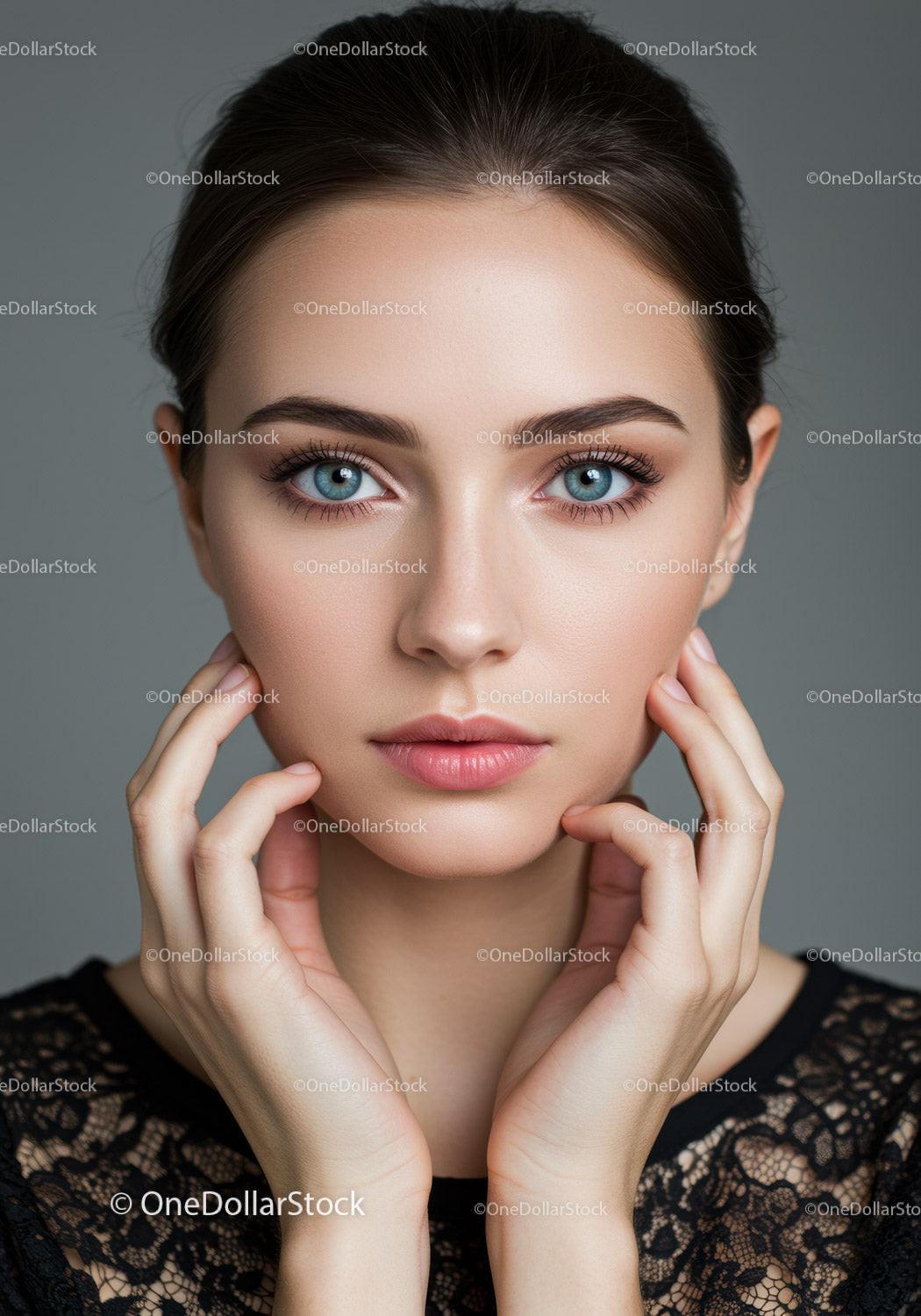 Elegant Female Portrait with Blue Eyes and Natural Makeup