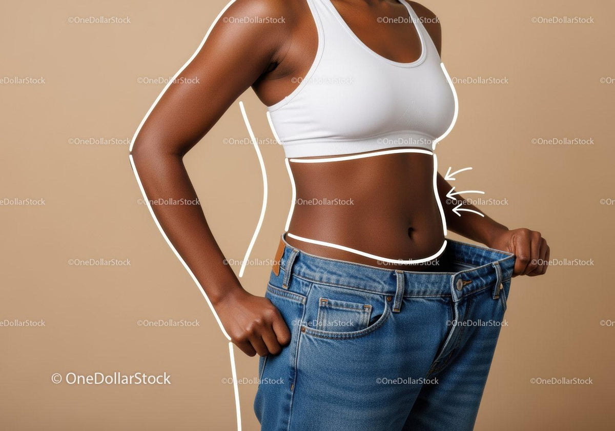 Woman in White Sports Bra and Oversized Jeans Showing Waist Measurement