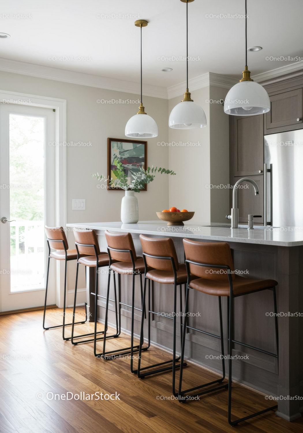 Modern Kitchen with Bar Stools and Pendant Lighting in Cozy Home