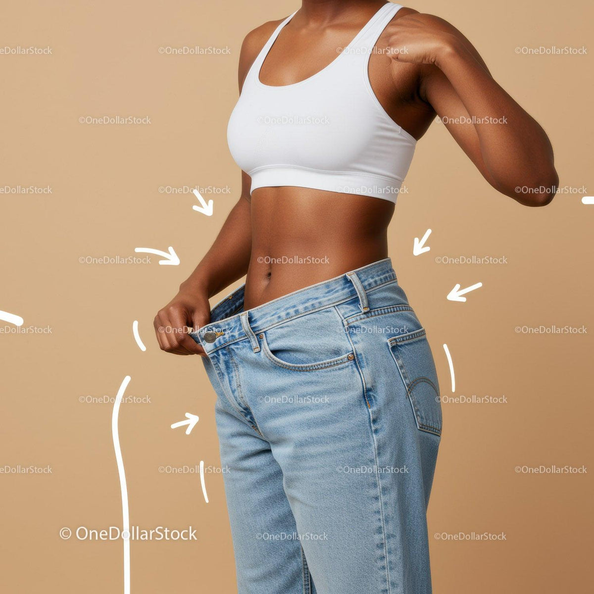 Woman Measuring Waist in Jeans and Tank Top for Fitness and Body Care