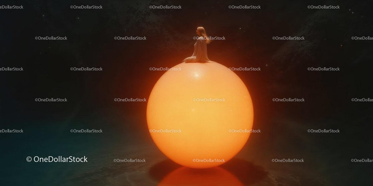Figure sitting cross-legged on a large glowing orange orb in dark surroundings