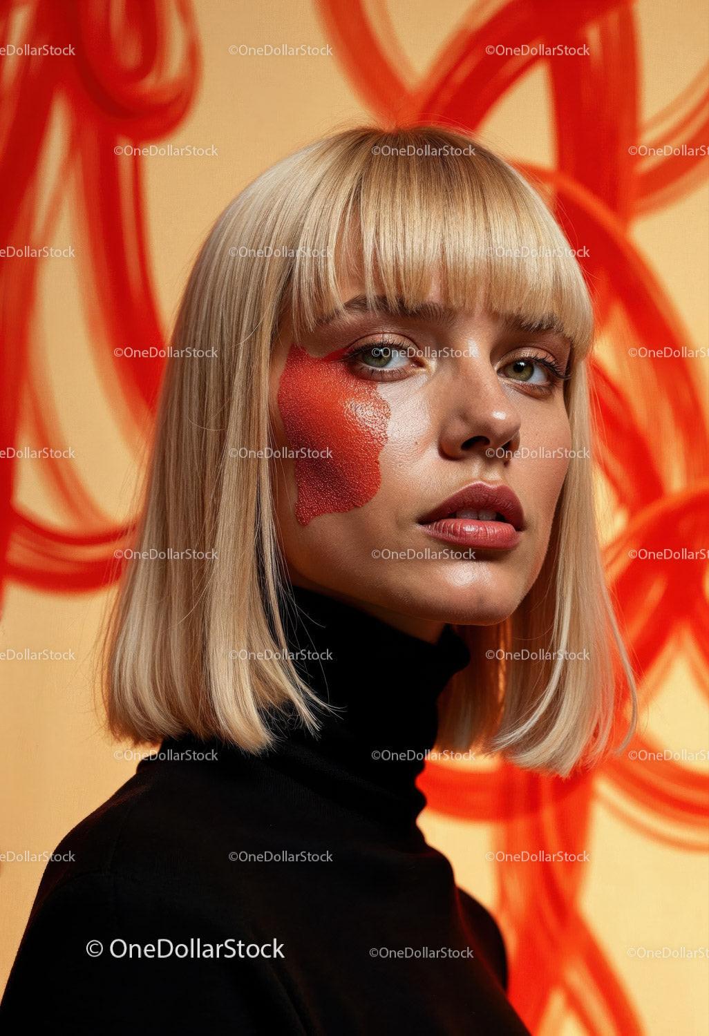 Creative Artistic Makeup Portrait with Red Face Paint and Blonde Hair Stock Photo Bundle preview 35