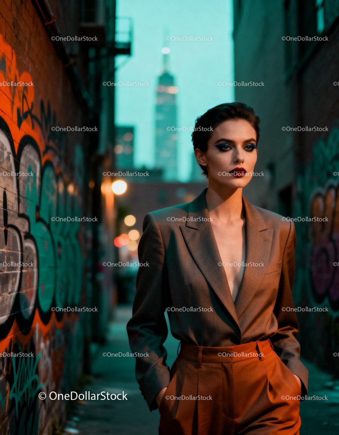 Confident woman with bold makeup in urban graffiti alley