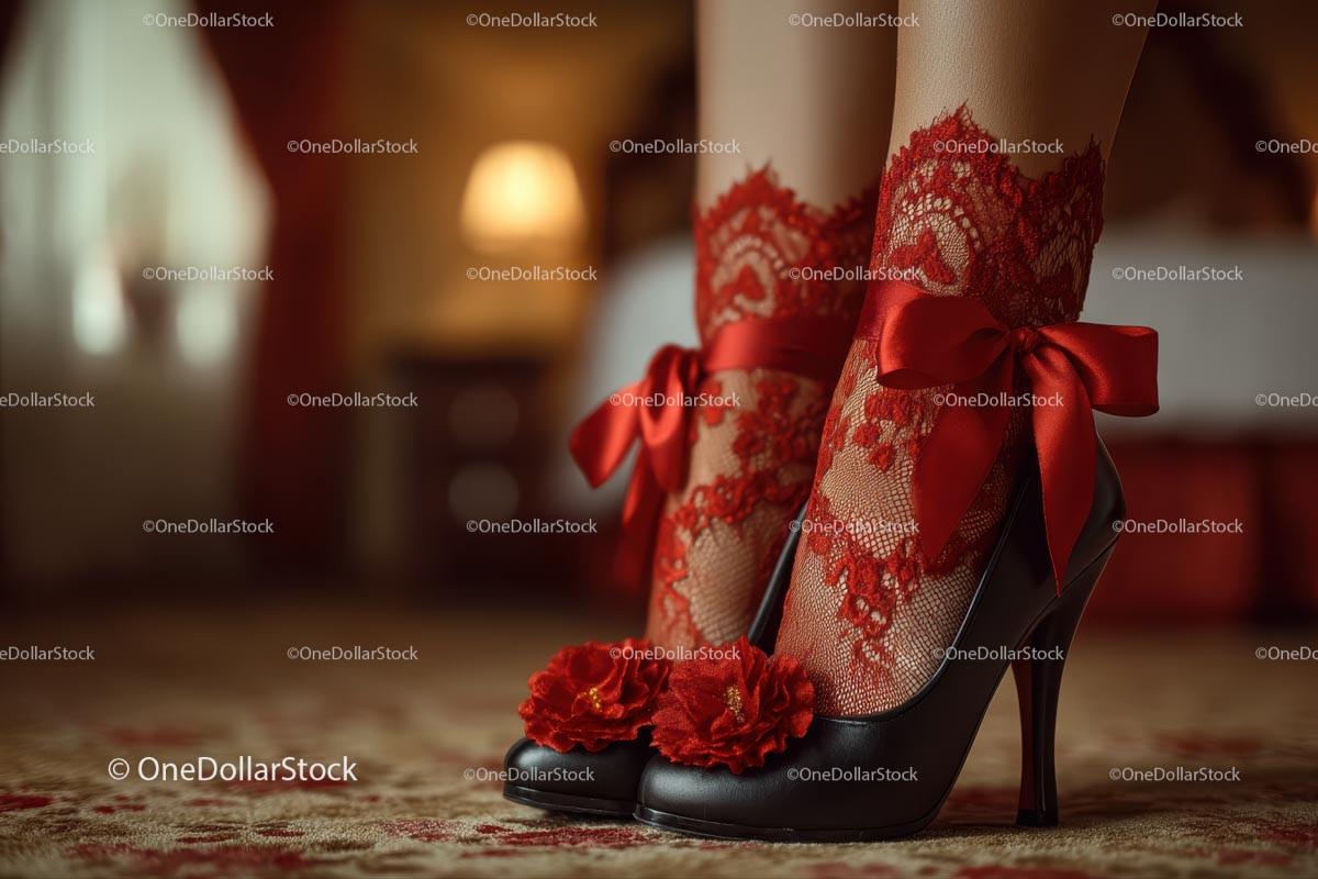 Chic Black Heels and a Red Lace Dress in a Cozy Bedroom Setting Stock Photo Bundle preview 19
