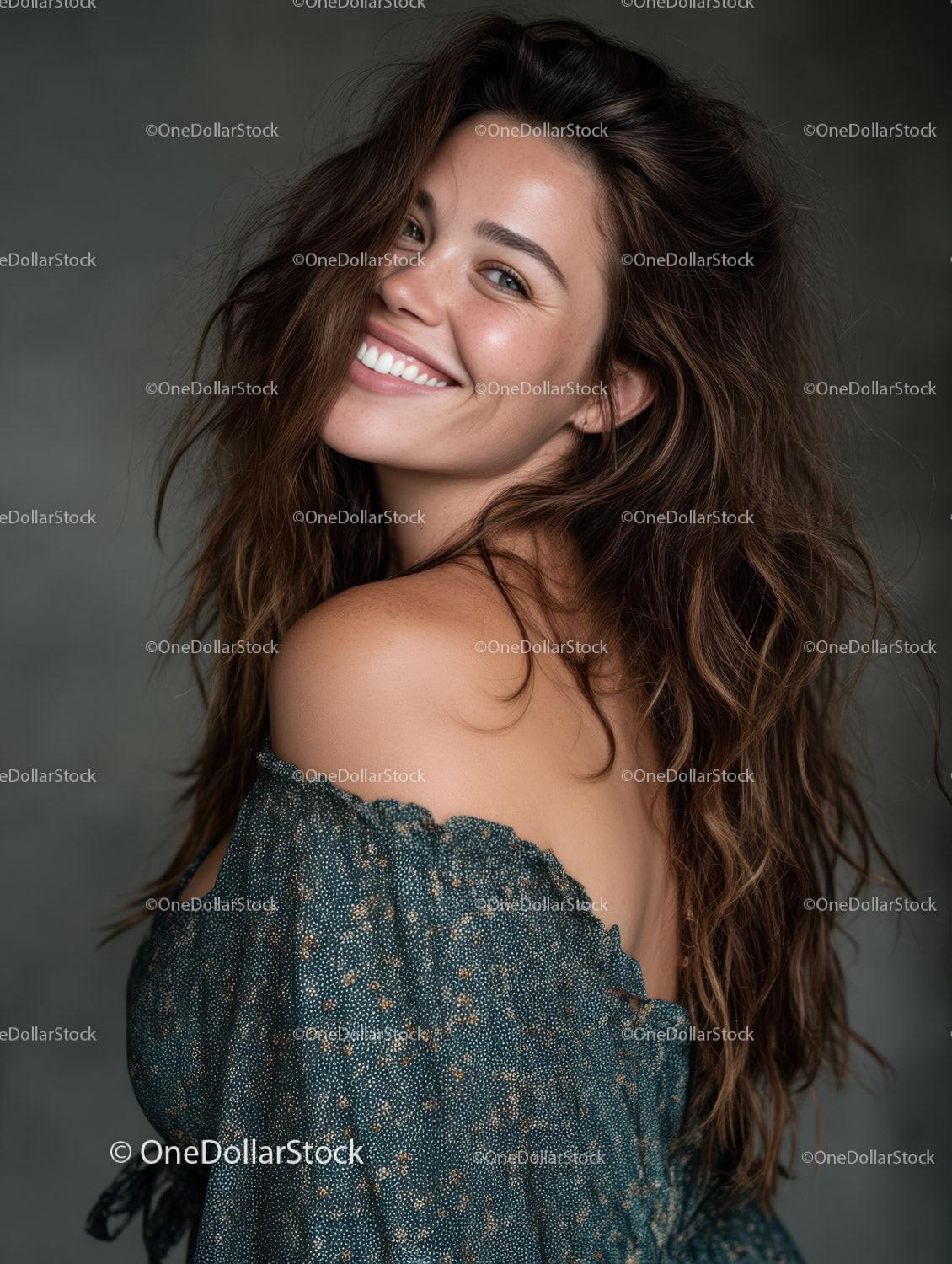 Bright Smiling Woman with Long Wavy Hair Portrait