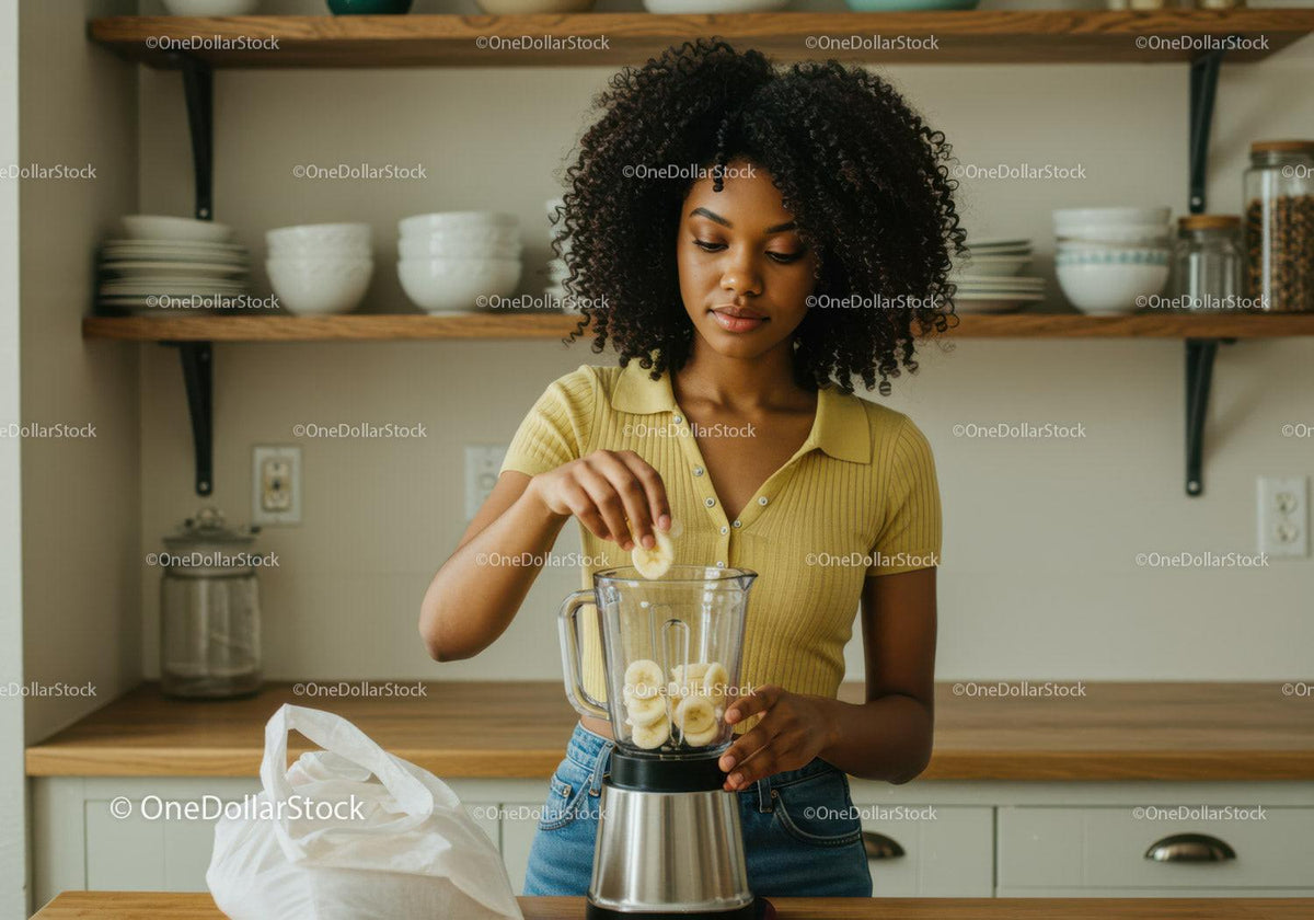 Young Woman Making Smoothie in Modern Kitchen With Fresh Fruit