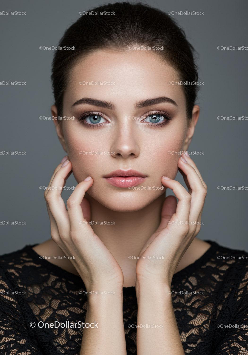Close-Up of Beautiful Woman with Blue Eyes and Elegant Makeup
