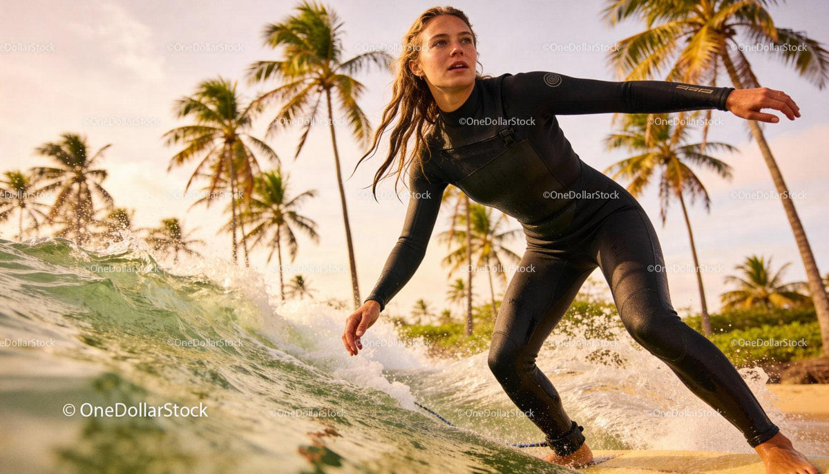 Female Surfer Riding Ocean Wave Near Tropical Shore