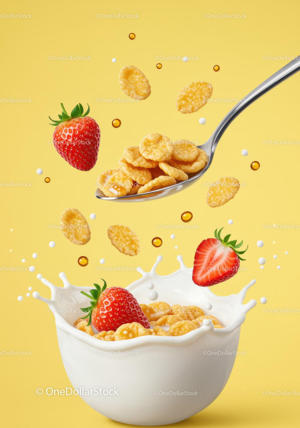 Crispy cereal flakes with fresh strawberries and milk splash
