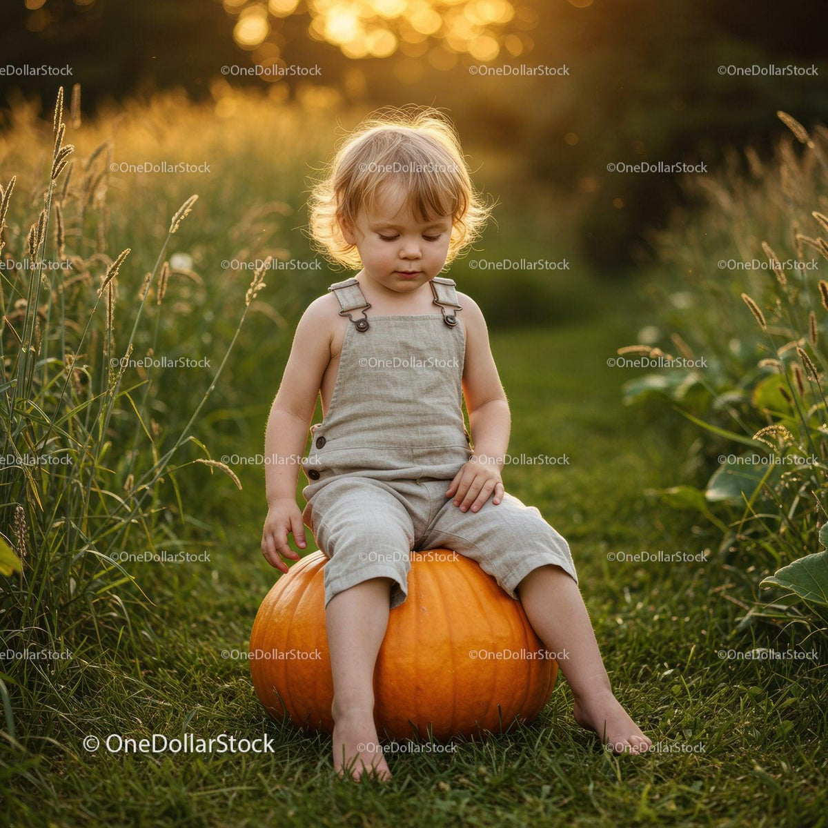Toddler Sitting on Large Pumpkin in Sunlit Field