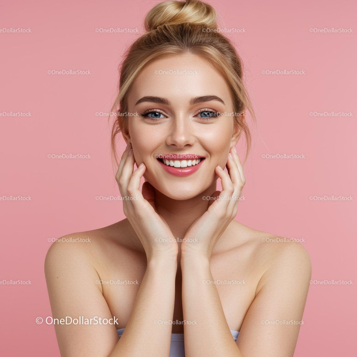 Bright Smile of a Woman with Blonde Hair and Blue Eyes against Pink Background