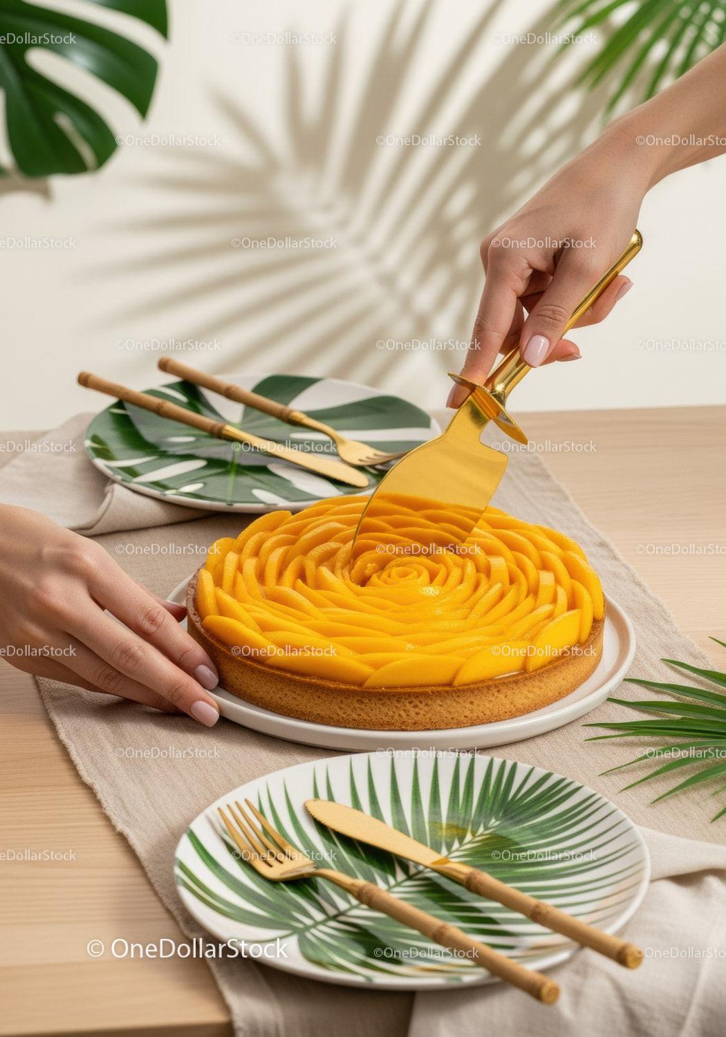 Tarta z mango z plasterkami mango i tropikalną dekoracją na letnie uroczystości