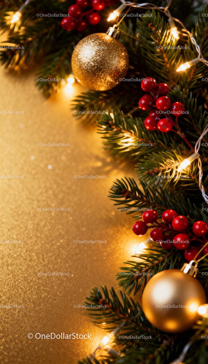 Festive Christmas decorations with golden ornaments and lights