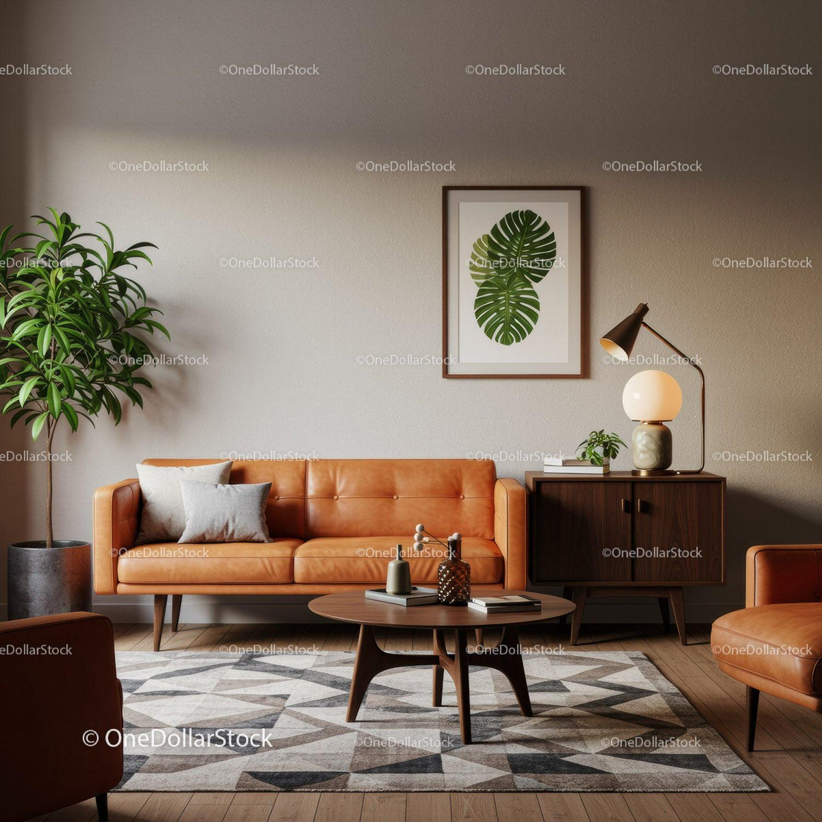 Modern Living Room with Leather Sofa and Greenery