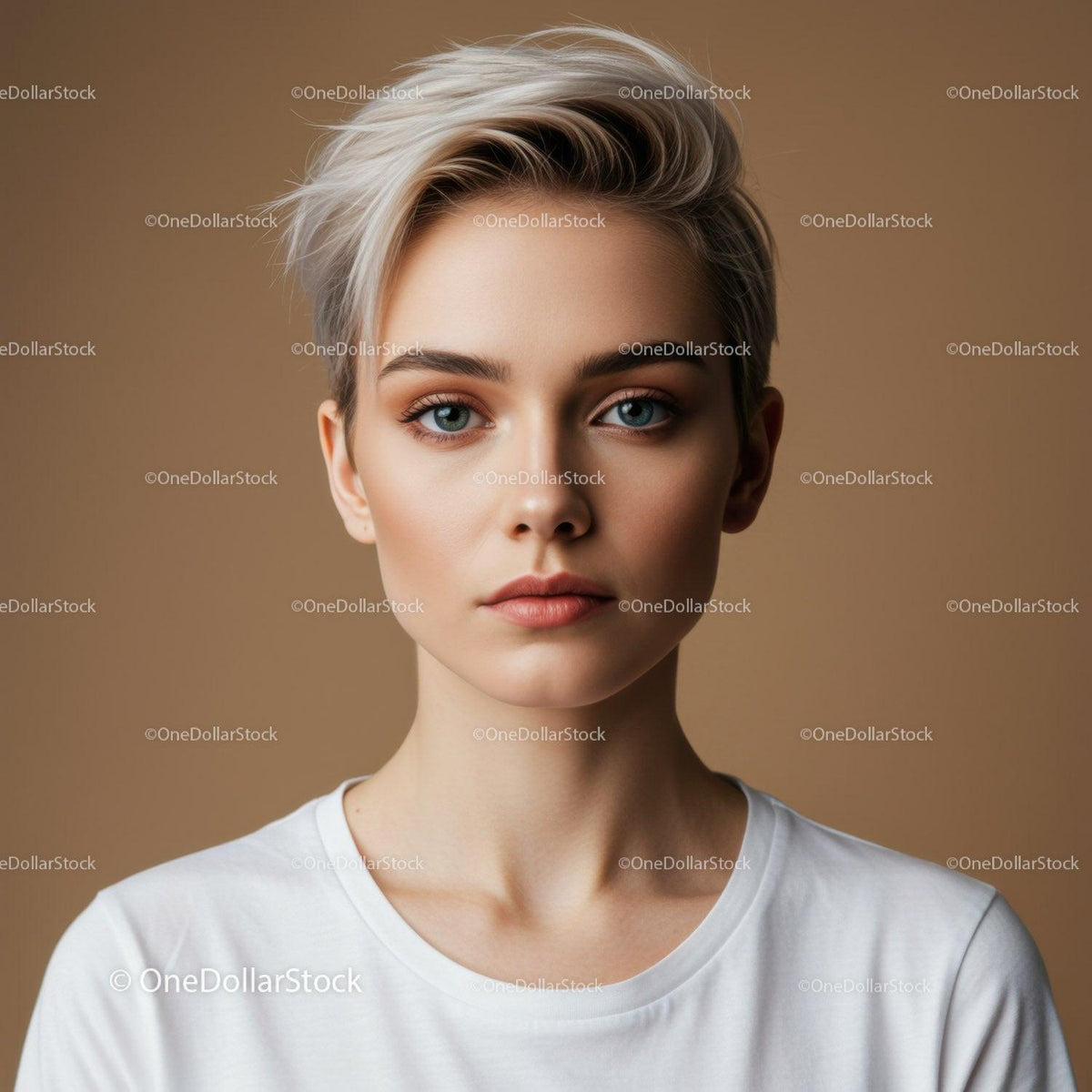 Portrait of a Young Woman with Blonde Hair and Blue Eyes