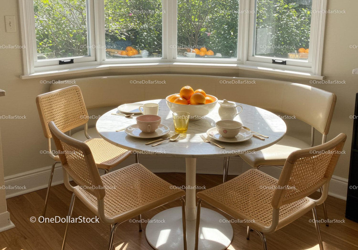 Cozy breakfast nook with natural light and fresh oranges