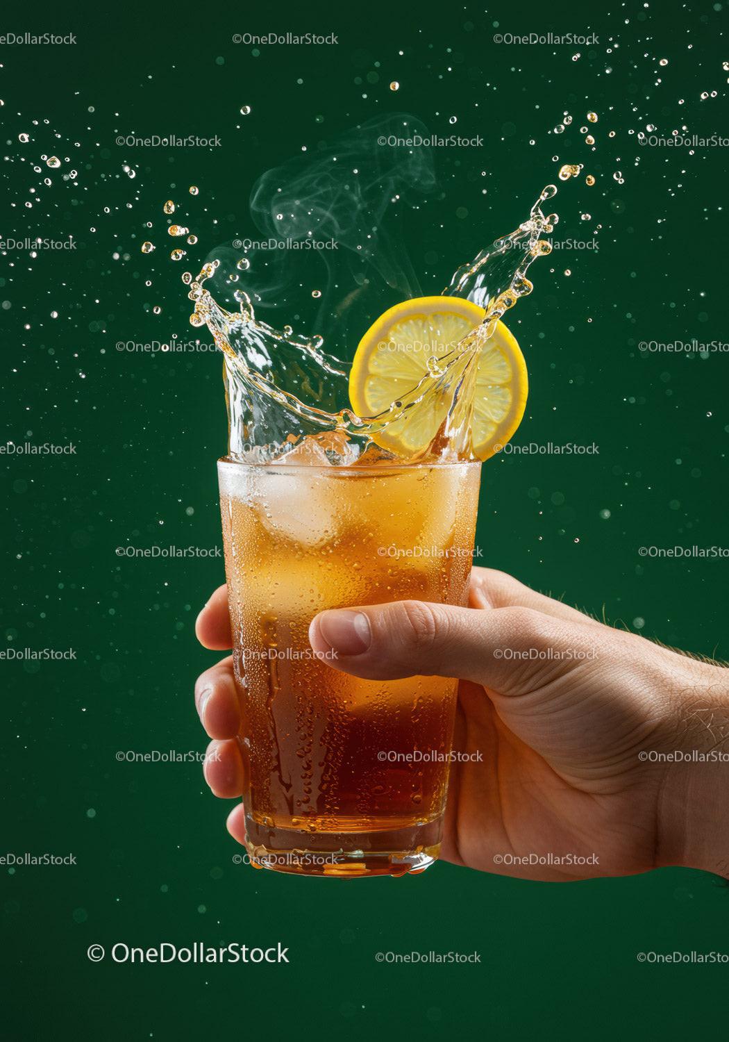 Refreshing iced tea with lemon splash in hand