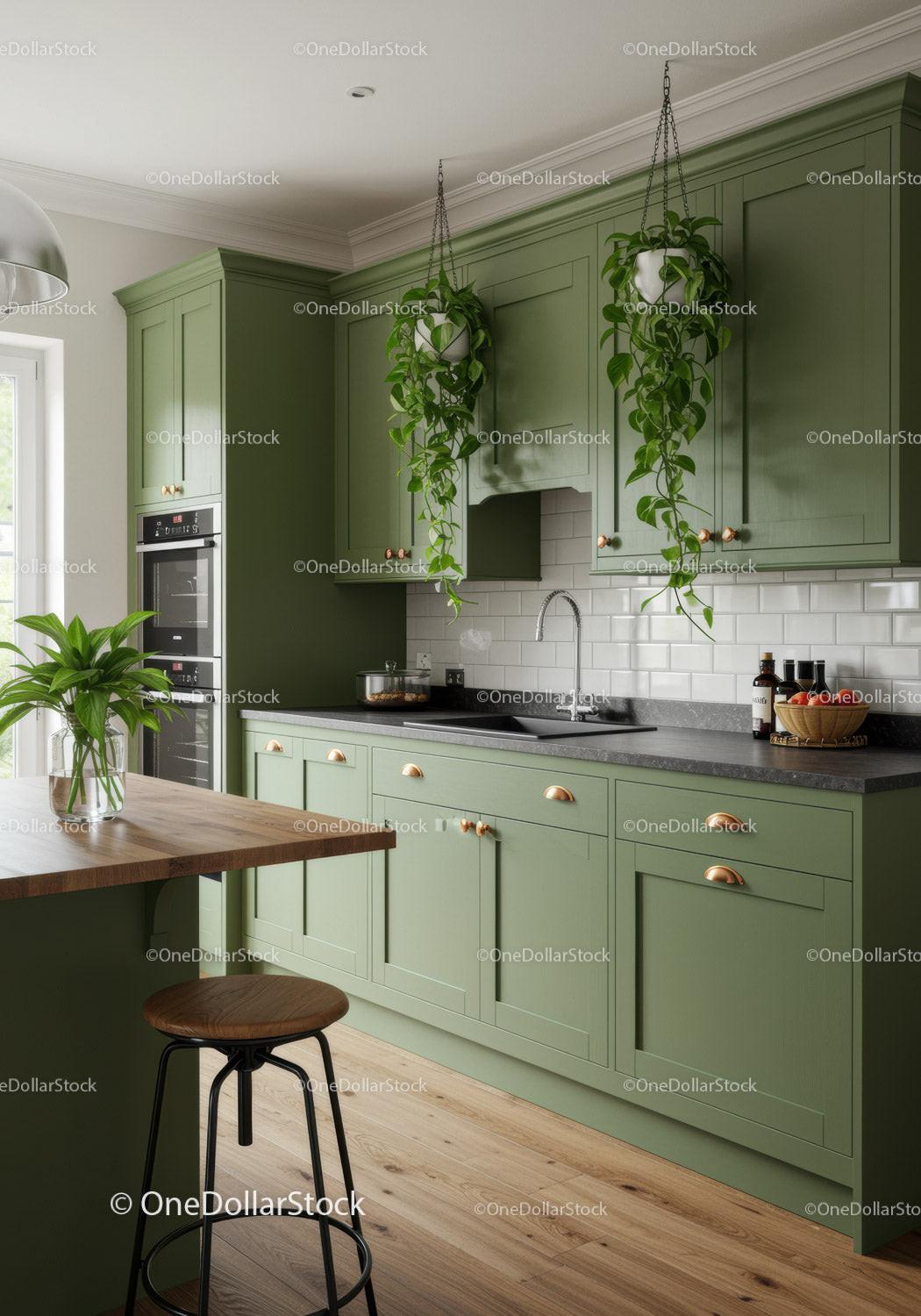 Modern Green Kitchen with White Subway Tile Backsplash and Hanging Plants