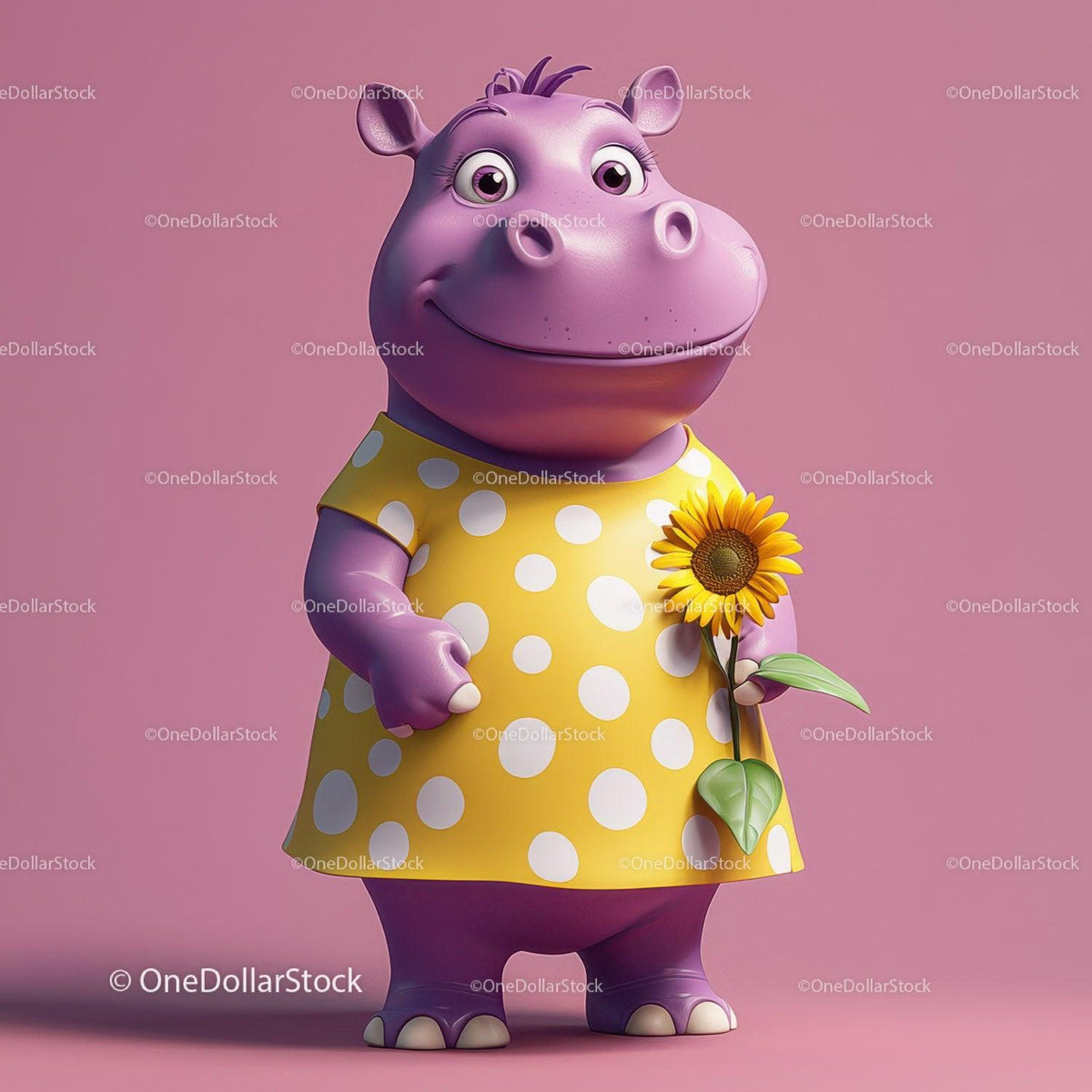 Purple hippo in yellow polka dot dress holding sunflower on pink background