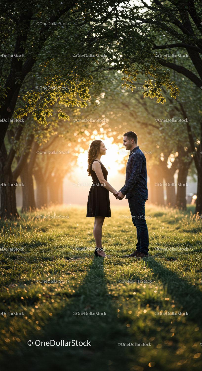 Couple enjoying sunset in peaceful orchard