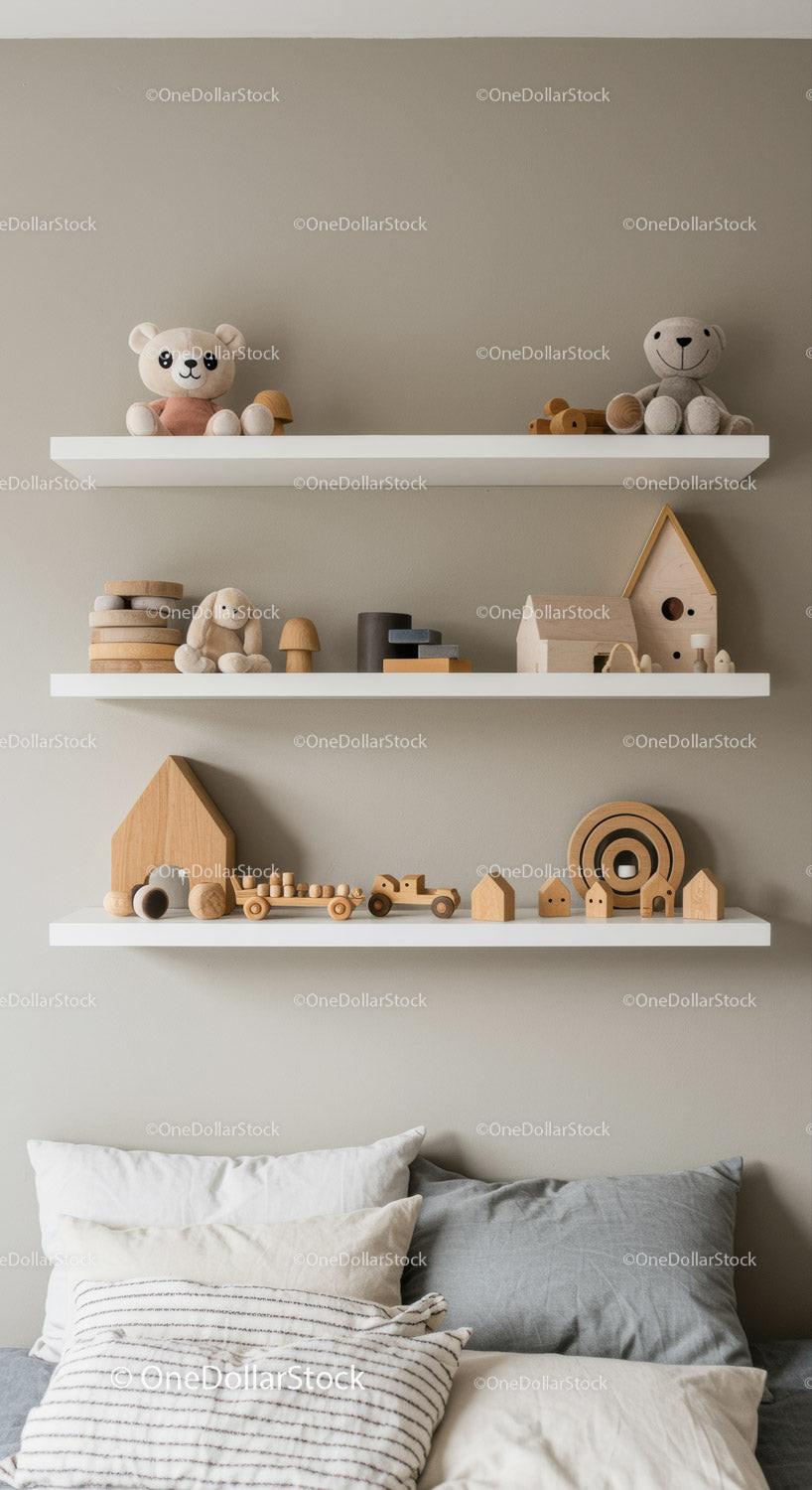 Decorative Plush and Wooden Toys in Cozy Nursery with Shelves