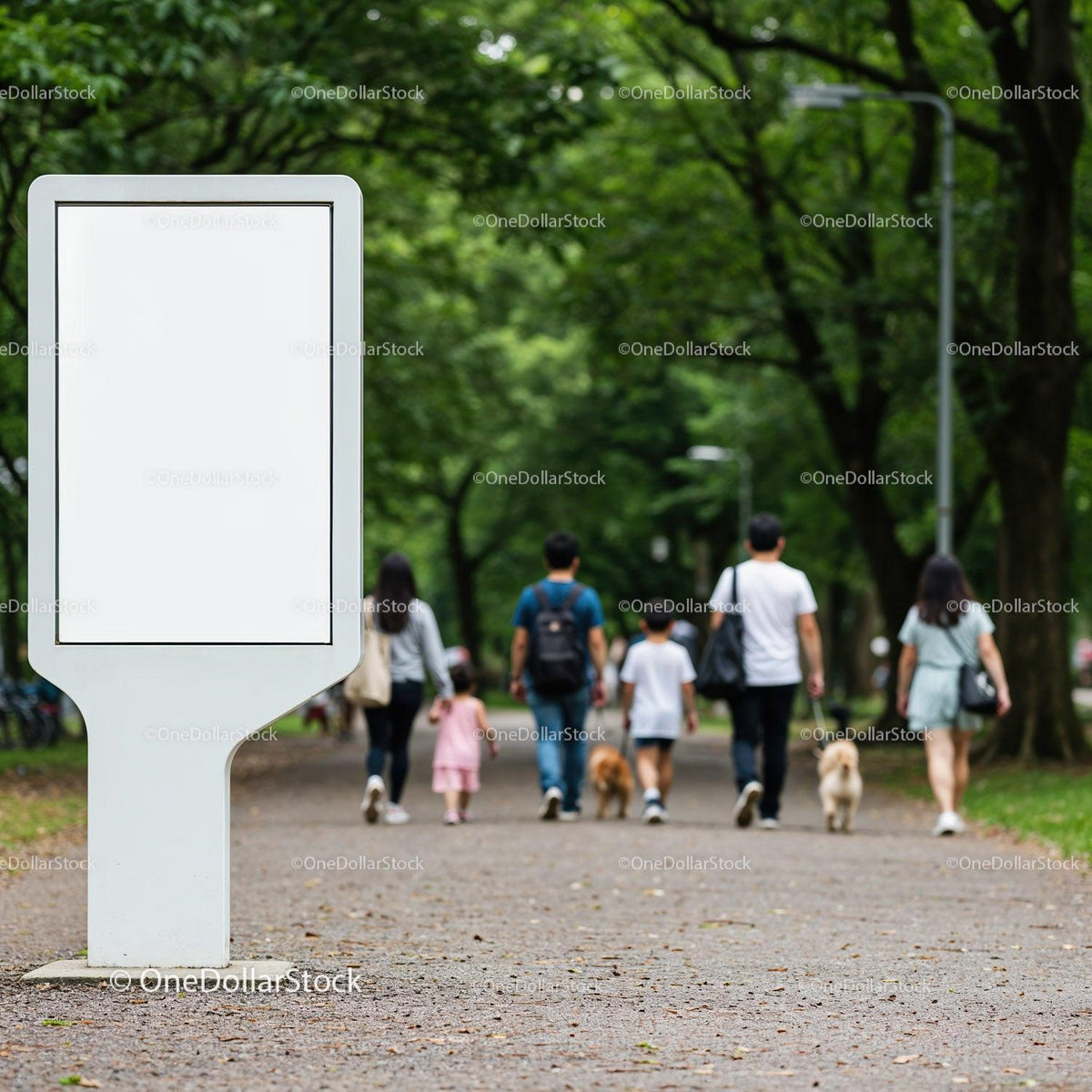 Family walking dogs in green city park pathway JPG Mockup Image preview