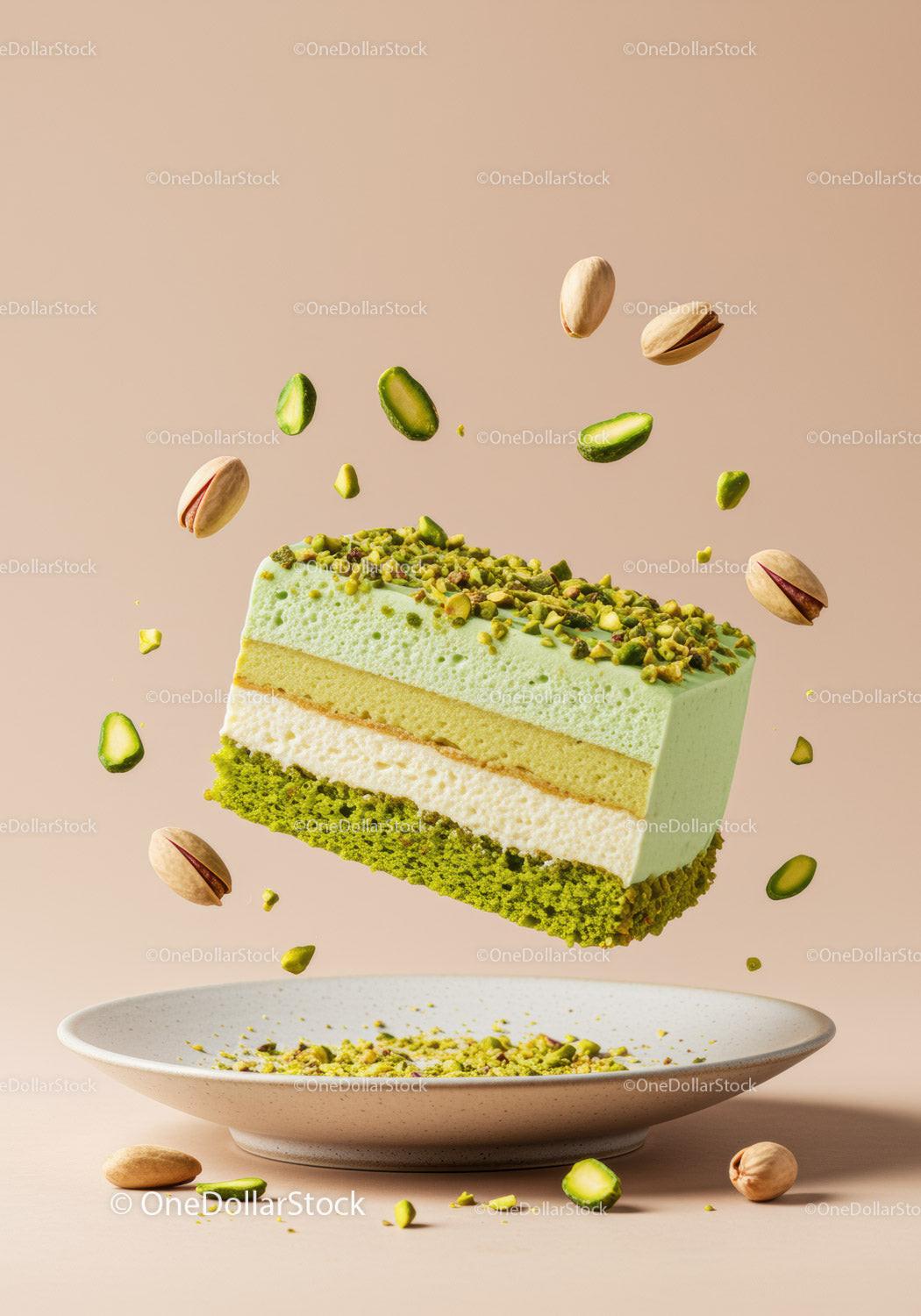 Floating Pistachio Layer Cake with Nut Garnish