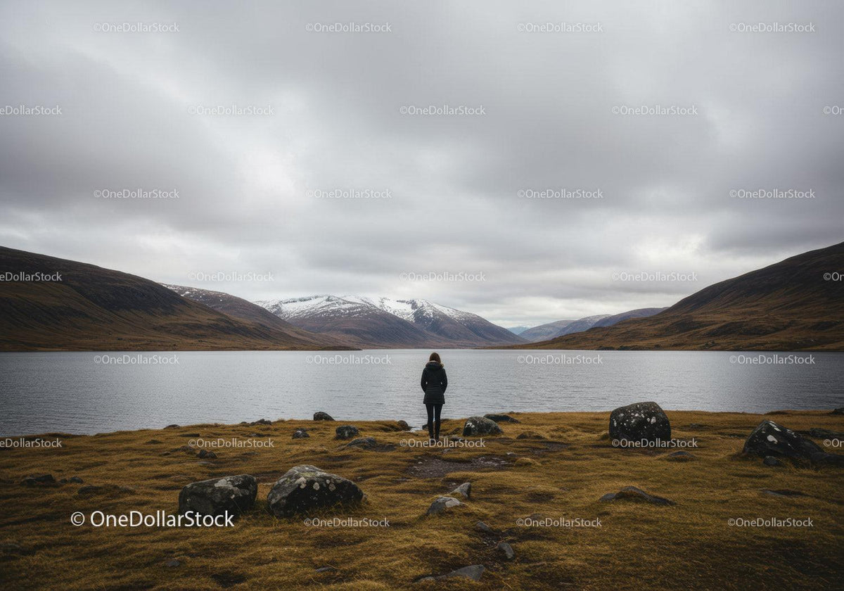 Solitary Woman Standing by Mountain Lake with Overcast Sky