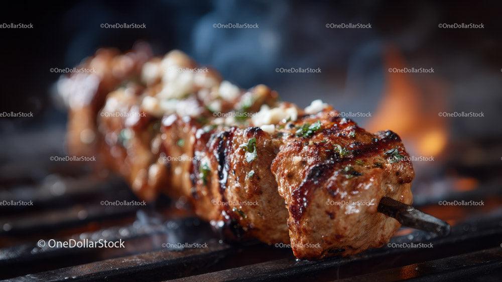 Juicy Grilled Meat Skewers with Charred Edges on Open Flame Stock Photo Bundle preview 29
