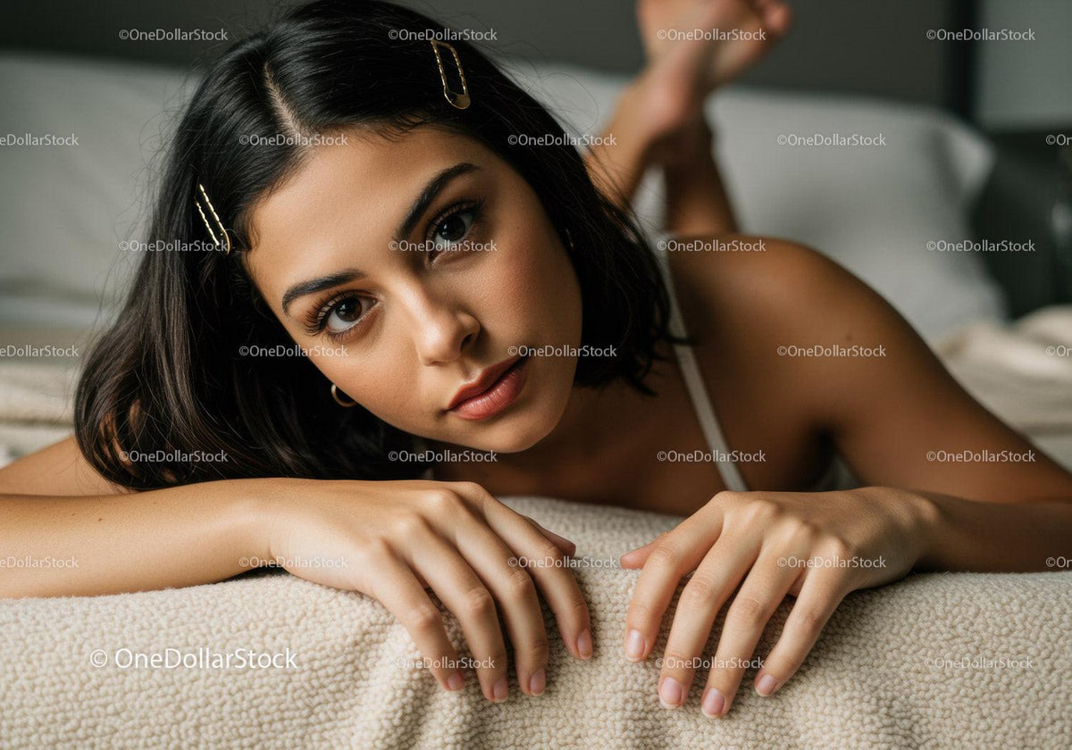 Close-up of Young Woman with Dark Hair Relaxing on Cozy Beige Blanket