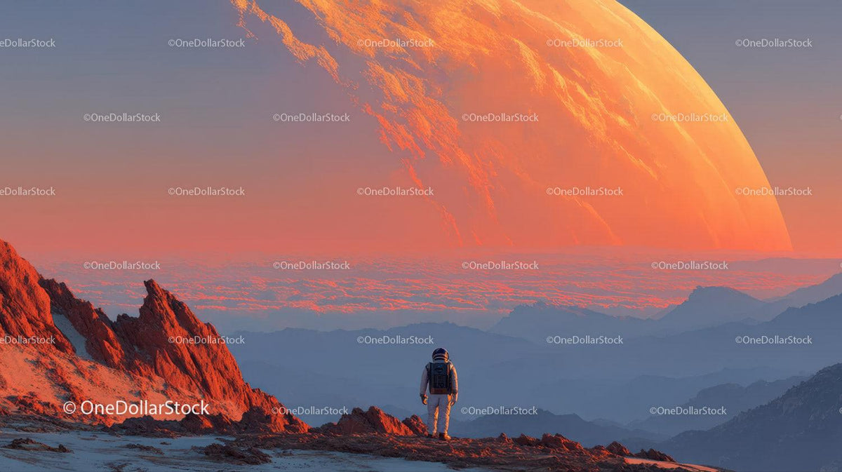 Astronaut Exploring a Surreal Alien Landscape with a Giant Orange Planet 35 JPG Files digital asset preview