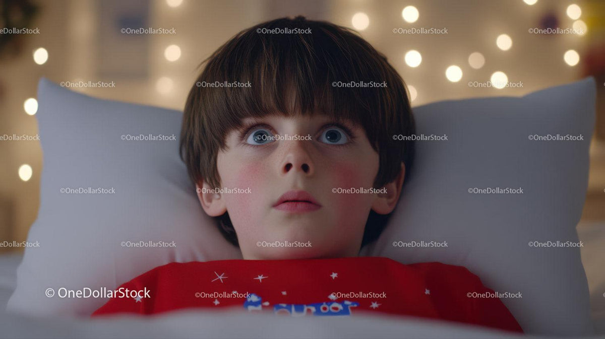 Young boy lying in bed under red blanket with blue eyes and warm string lights background