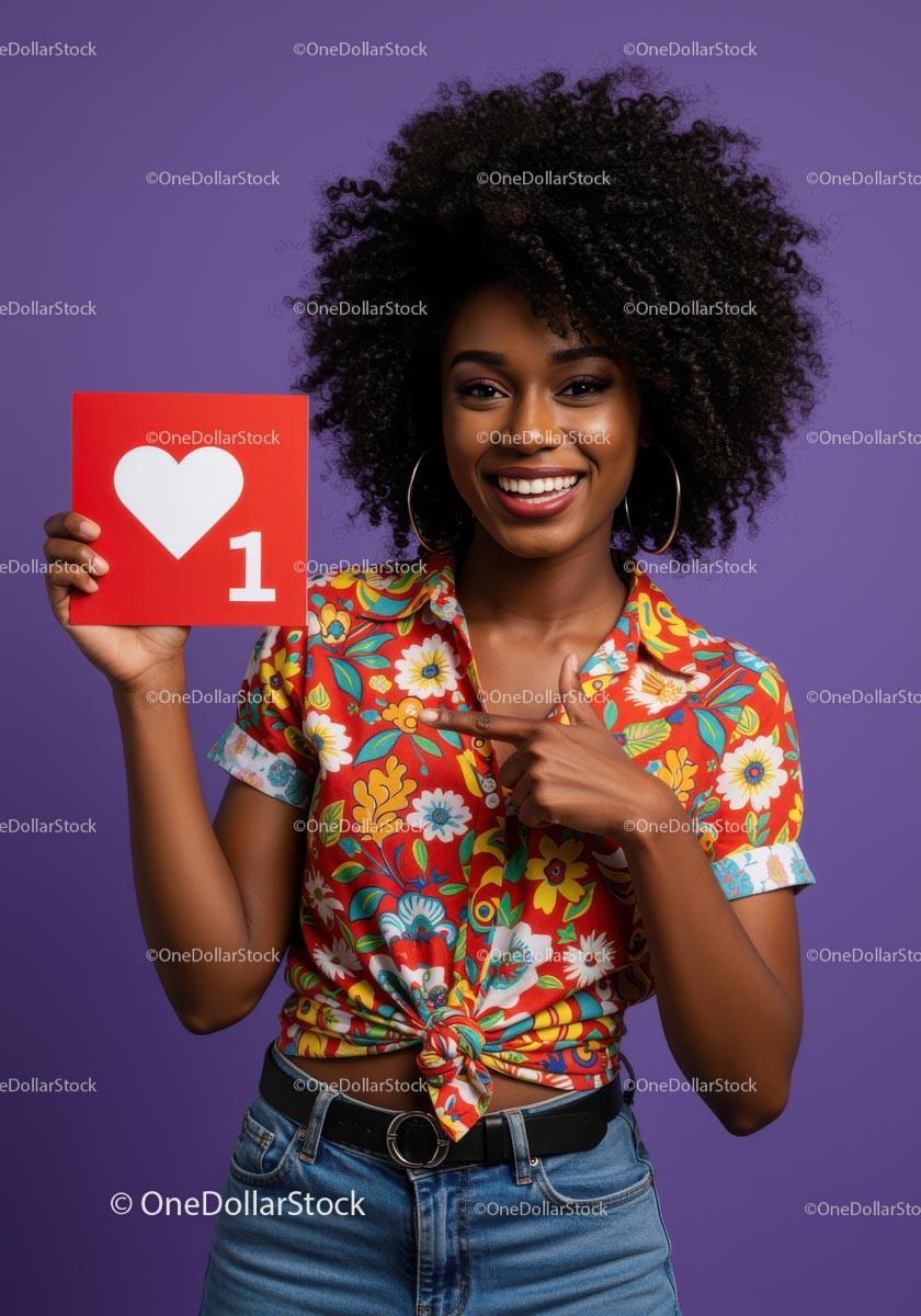 Young Woman with Large Afro Smiling and Pointing at Red Heart Sign