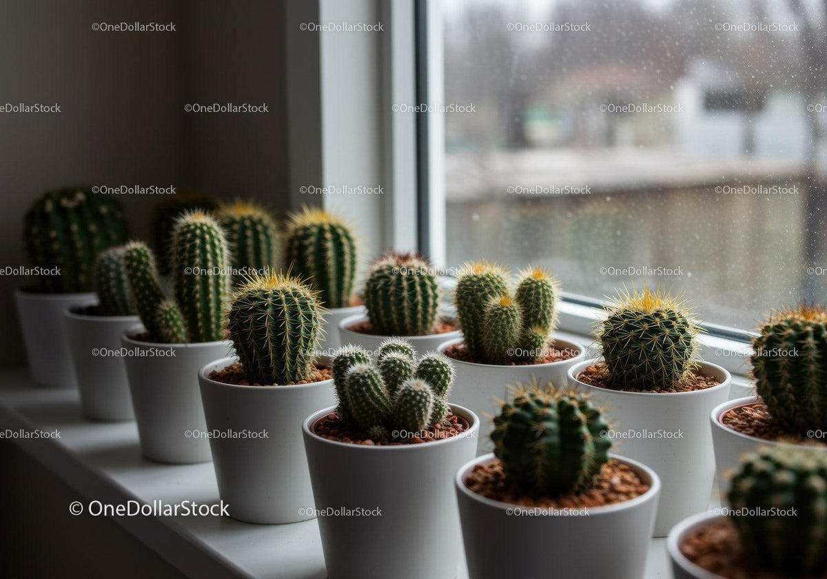Collection of Cacti and Succulents on Windowsill in Bright Indoor Setting