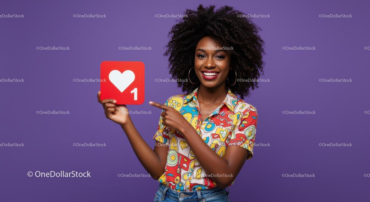 Smiling Woman Holding Heart Sign with Colorful Shirt Against Purple Background Stock Photo Bundle preview 28