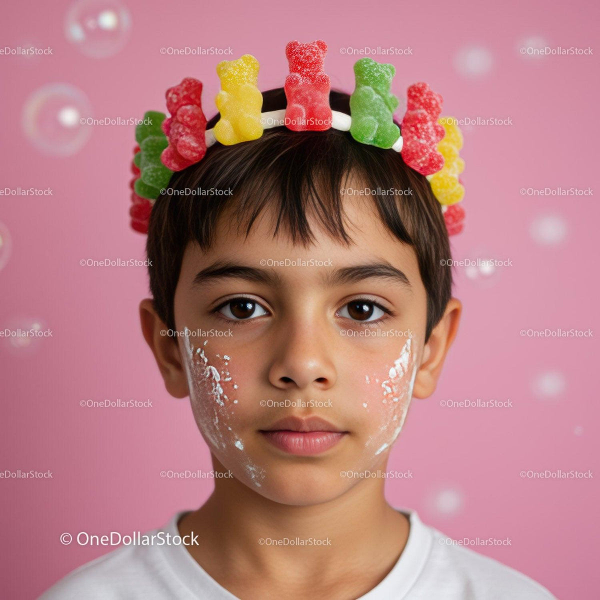 Child with Gummy Bear Crown and Face Paint on Pink Background