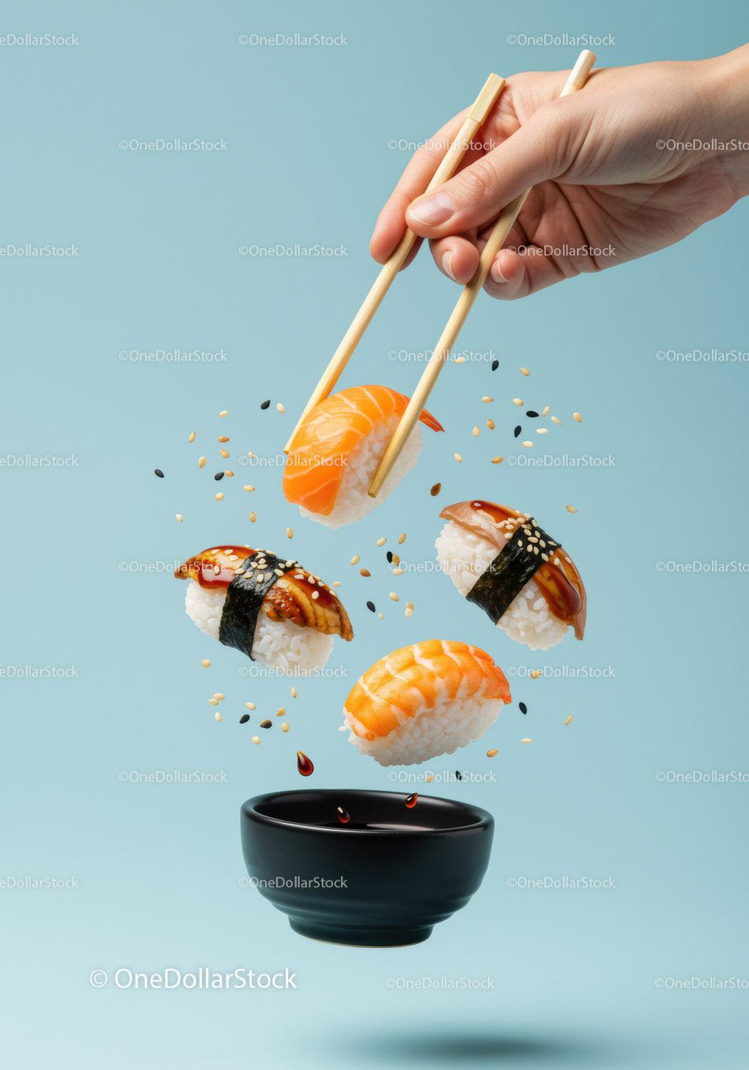 Assorted sushi nigiri floating above dipping bowl