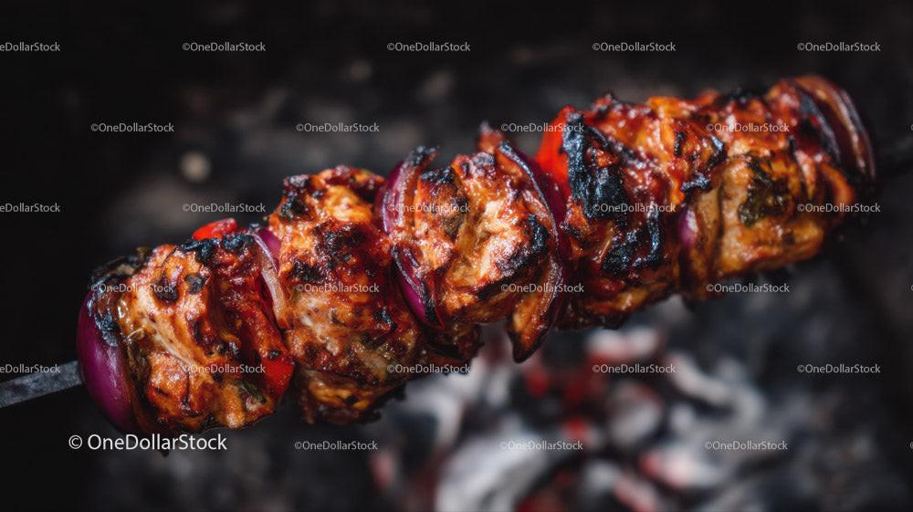 Juicy grilled chicken skewers with onion on barbecue Stock Photo Bundle preview
