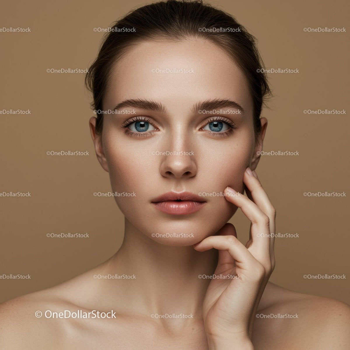 Young Woman with Clear Skin and Bright Blue Eyes in Close-Up Portrait