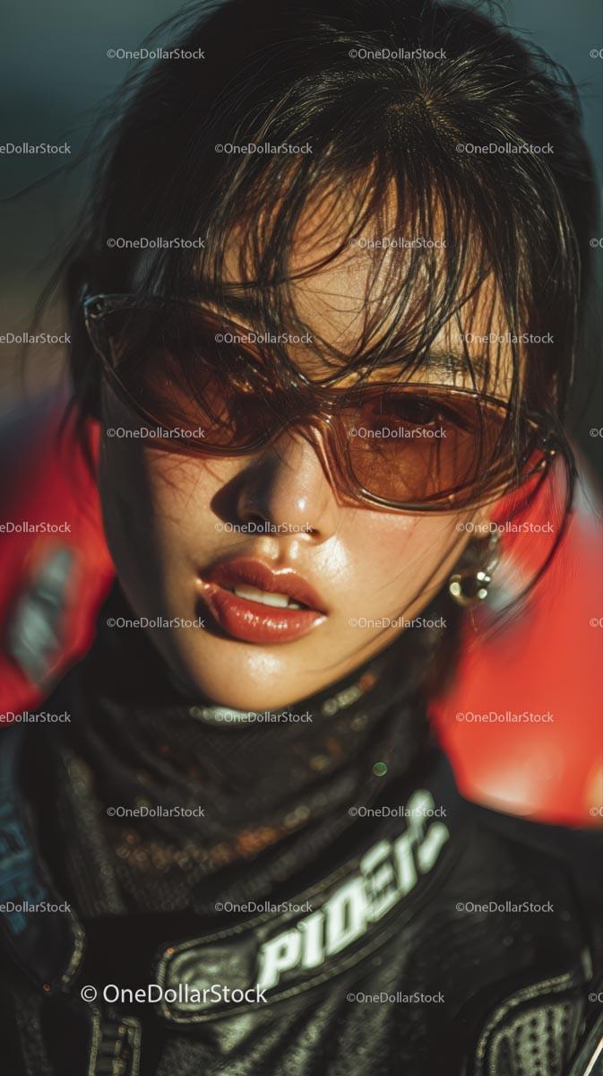 Confident Female Rider in Sunglasses with Motorcycle Gear 24 JPG Files digital asset preview