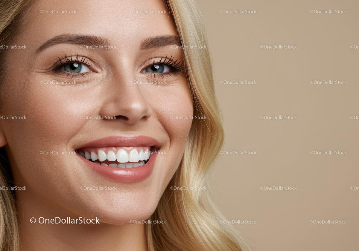 Close up of smiling blonde woman with flawless skin