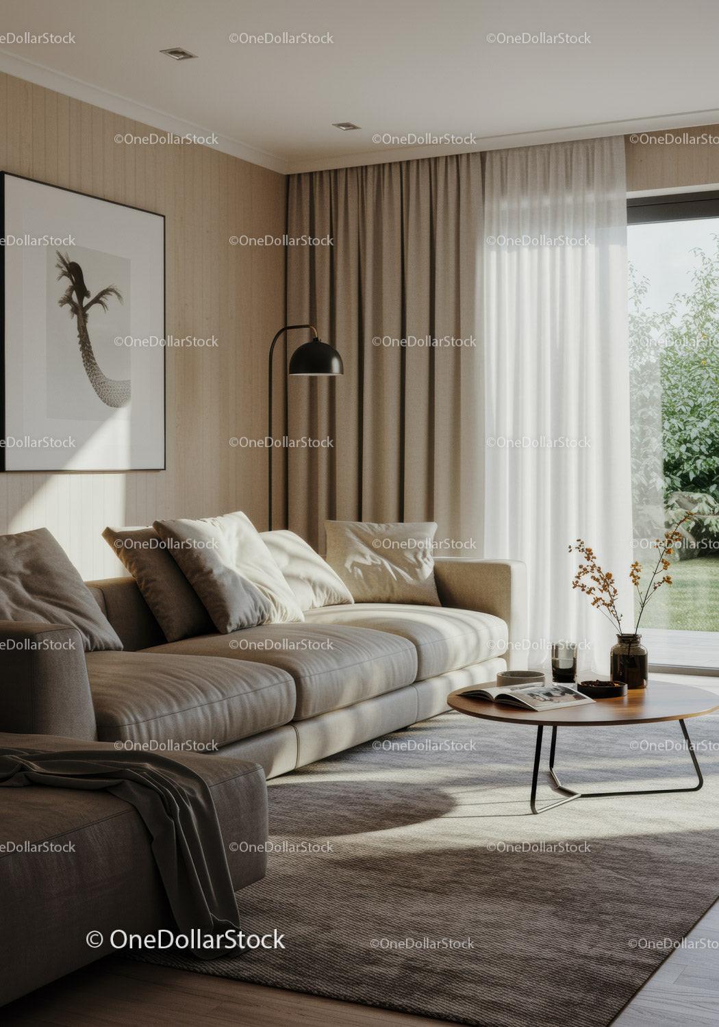 Bright Modern Living Room with Cozy Sofa and Natural Light